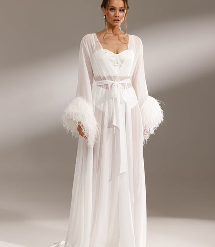 WATER LILY Sheer Chiffon Robe with Ostrich Feather Sleeves