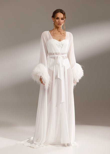 WATER LILY Sheer Chiffon Robe with Ostrich Feather Sleeves