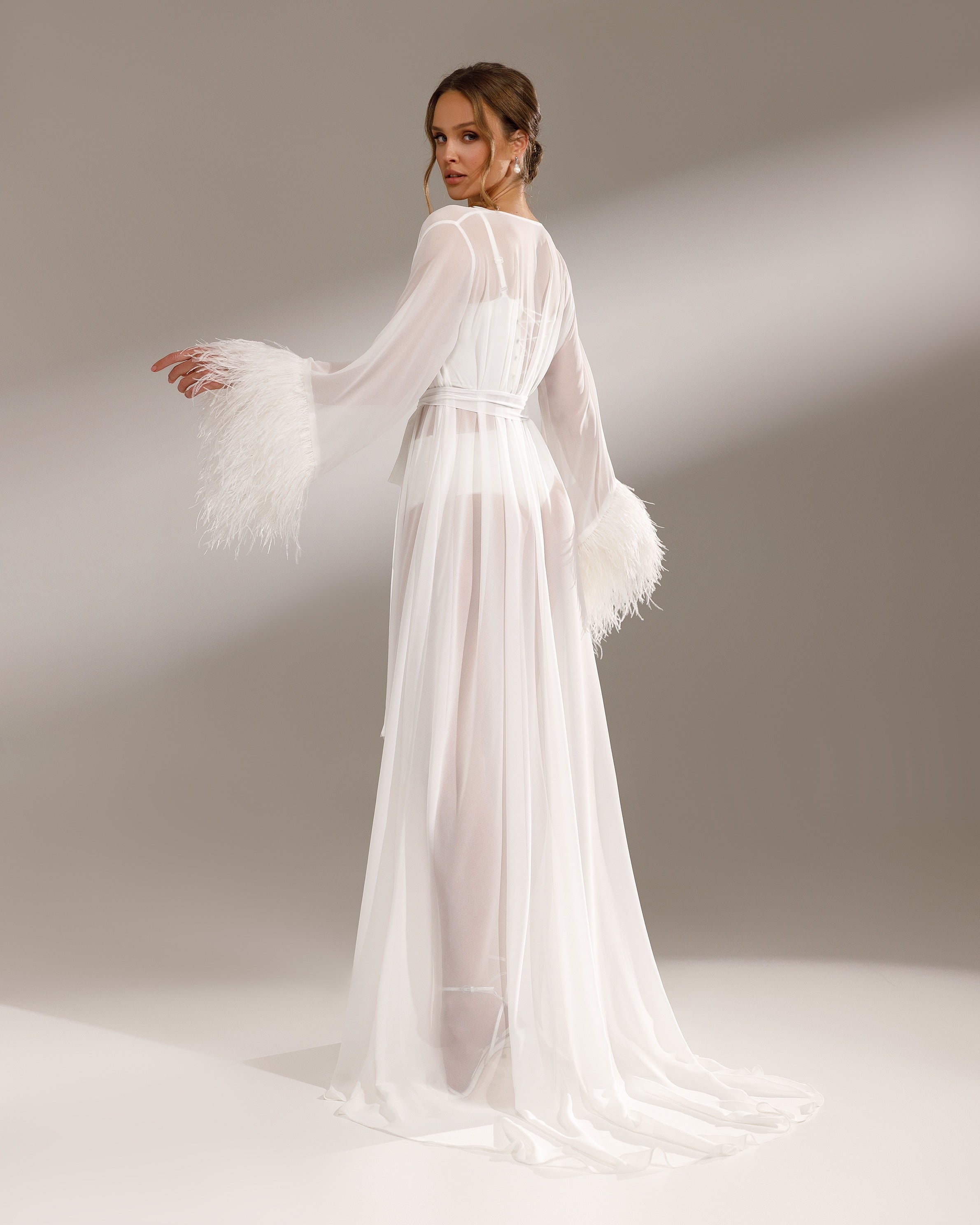 WATER LILY Sheer Chiffon Robe with Ostrich Feather Sleeves
