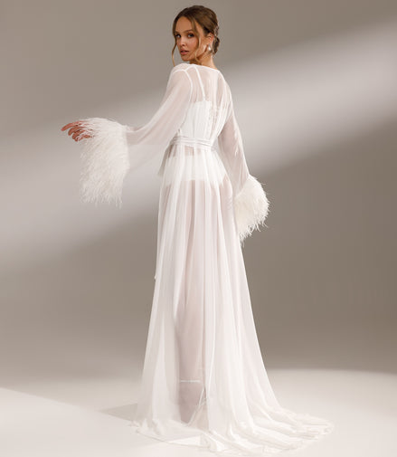 WATER LILY Sheer Chiffon Robe with Ostrich Feather Sleeves