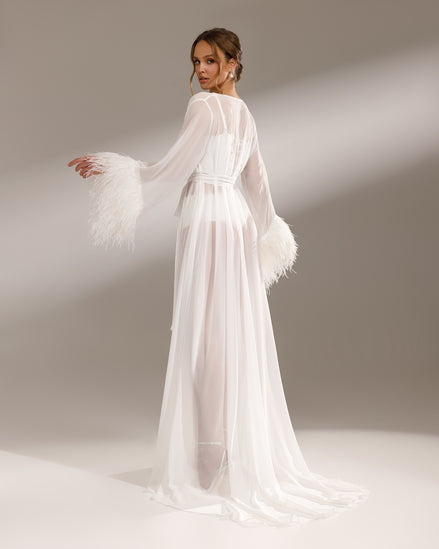 WATER LILY Sheer Chiffon Robe with Ostrich Feather Sleeves